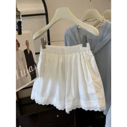 White Lace Trim Patchwork Casual Shorts for Women's High Waisted Wide Leg Vacation Beach Pants Loose Thin Bottoms Home Shorts