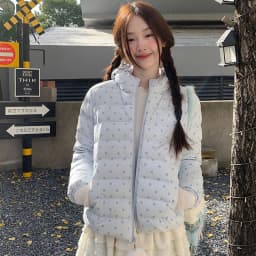 Korean Cropped Polka Dot Hooded Cotton-padded Jacket Women Zip Up Casual Winter Warm Outerwear Woman Sweet Cute Puffer Jackets