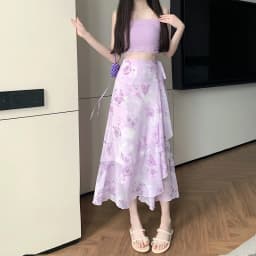 High Waist A-Line Floral Print Chiffon Halter Neck Dress Women's Summer New Style Belted Wrap Skirt Casual Polyester Fiber