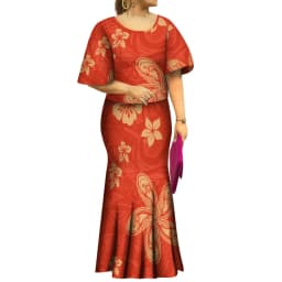 2022 New Samoan Puletasi Set Monstera Leaf Print Bat Sleeve Ptaha Blue Polynesian Top Maxi Fishtail Skirt Womens 2 Piece Set