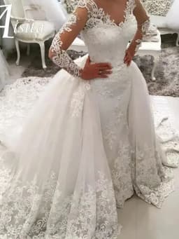 New 2 in 1 Arabic Lace Applique Detachable Train Mermaid 2025 Wedding Dresses Long Sleeves Backless Bridal Wedding Gowns