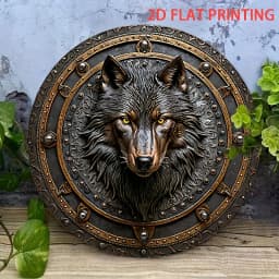 2D Flat, Wolf Head Emblem Metal Shield Wall Decor - 8 Inch Round Wrought Iron Wolf Head Sign, HD 2D Printed Door-Mounted Emblem