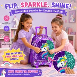 3-Piece Rolling Backpack for Girls and Children Roller Bag with Lunch Bag and Pen Bag Design of Unicorn Pattern Luminous Functio