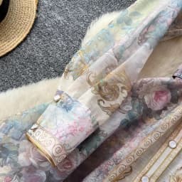 Elegant Flower Printed Long Lantern Sleeve Linen Mini Dress 2026 Women's Lapel Single Breasted Birthday Party Club Vestidos
