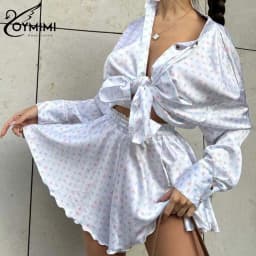 Oymimi Elegant White Print Sets For Women 2 Pieces Fashion Lapel Long Sleeve Button Shirts And High Waisted Side Slit Shorts Set