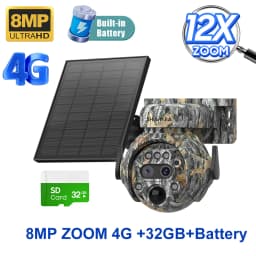 SHIWOJIA 4K 8MP WIFI Solar Powered Camera 4G SIM 12X ZOOM Outdoor 360° View Animal Monitoring Solar Battery Hunting PTZ Cameras