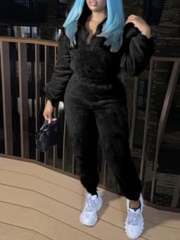 Women Two Pieces Pant Sets Fuzzy Solid Matching Set Long Sleeves Coat Elastic Waist Straight Pants Slim Fit Casual 2026 Autumn