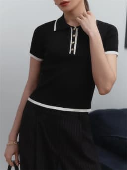 Talenza Women's Knitted Pullover Fashion Short Sleeve Patchwork Sweater Top Elegant Slim Contrast Lapel Knitted Pullover Top