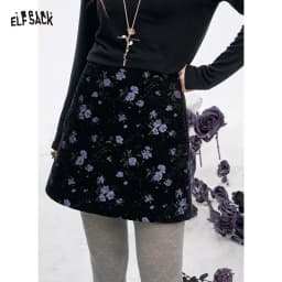 ELFSACK Y2K High Waist Gothic Floral A-Line Skirt Women, Black Skirt with Purple Print, Romantic Shoujo Cute Short Skirt