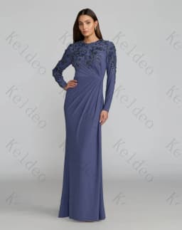 Customized Dusty Blue Jersey Evening Gown Round Neck Long Sleeve 3D Floral Beaded Ruched Dress for Mother of Bride Formal Party