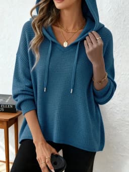 Women's New V Neck Henley Hooded Pullover Sweatshirt Drawstring Long Sleeve Loose Fit Trendy Casual Office Daily Wear Hoodie Top