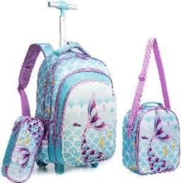 Bunnyfly Boys Rolling Backpack with Lunch Bag And Pencil Case - Wheeled Travel Trolley School Bag Stylish And Functional for Tra