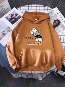 Cute Stacked Cats Sleeping Don'T See The Mouse Women Hoodies Fashion Loose Pullover Casual Fleece Hoody Trend Soft Female Sweat
