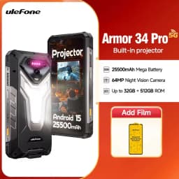 Ulefone Armor 34 Pro + Projector Rugged Phone 16GB+512GB Night Vision 6.95'' Android 15 Dimensity 7300 25500mAh 5G Smartphone