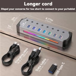 USB 3.0 Hub High Speed USB 7-in-1 Splitter Individual Power Switches RGB Aluminum Gaming USB Hub 3.0 For Laptop PC Accessories
