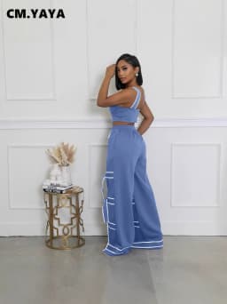 CM.YAYA Fashion Women Striped Patchwork Bowknot Split Wide Leg Jogger Pants 2025 Summer Active Sporty Classic Trousers