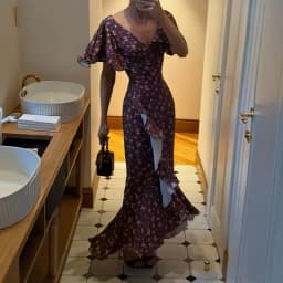 Elegant Women's Floral Printed Dress Slim V Neck Short Sleeve Waist Cinching Long Fishtail Dresses 2026 Summer Lady Party Robes