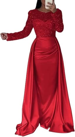 2026 Elegant Evening Dresses Women's Chic Sequin Splice O-neck Long Sleeve Pleated Maxi Dress Sexy High Waist Slim Banquet Gowns