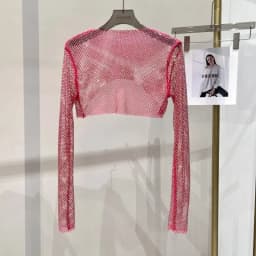 2025 New Summer Sexy Bright Diamond Short Thin Tops Slim Hot Drill Long-sleeved T-shirt Sexy Leak Waist Blouse