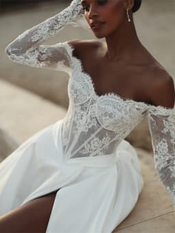 Customized Off Shoulder Neckline Long Sleeves Satin Wedding Dress Lace-up Back Floor Length High Slit Sweep Train Gown For Bride