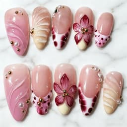 10Pcs 3D Flower Gold Beads Handmade Press On Nails Nude Pink French Almond Fake Nail M/S/XS Artificial Wearable False Fingertips