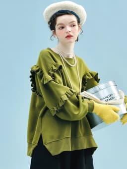 imakokoni Olive Green Ruffled Sleeve Crew Neck Sweatshirt Tops Women's Hoodies & Sweatshirts Casual Female Clothing for Women