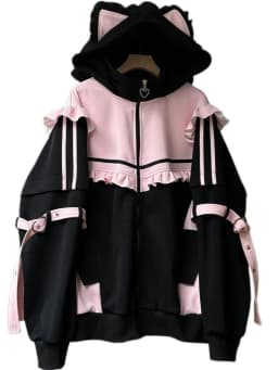Spring Autumn Thin Fleece Subculture Virtual Human Color Block Long Sleeve Hoodie Women's Lace Hem Coat Sweet Style Zipper Lo...