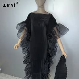 WINYI Solid Color Pleated Elastic Slim Dress Beach Wear Kaftan Abaya Dubai Luxury Party Dress Evening Dress Abaya Muslim Woman