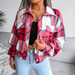 Autumn Winter Women Plaid Woolen Jacket Turn-down Collar Short Top Lantern Sleeve Ladies Casual Fashion Single Breasted Coat