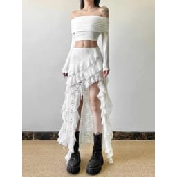 White Sweet Design Lace Patchwork Ruffle High Waisted Y2k Skirt Women Summer Irregular Skirt Long Skirts Harajuku Goth Clothes