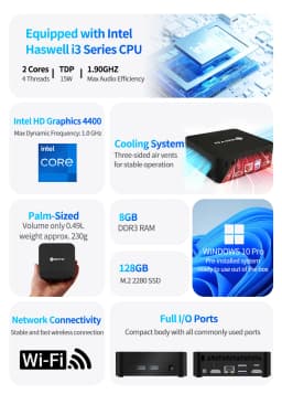 Soyo Mini Pc Y5 Intel Core I3 4Th Gen Processor 8Gb Ram 128Gb Ssd Windows 10 Mini Desktop Computer 4K Multi-Screen Output Wifi & Bluetooth 4.2 Usb-C Rj45 Ethernet Small Compact Pc for Home, Office