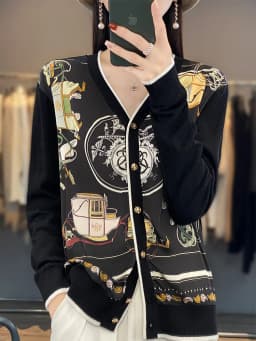 Spring Autumn Women 100% Wool Silk Stitching Sweater New V-neck Printing Cardigan Casual Knitted Soft Jacket Slim Warm Tops