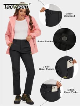 TACVASEN Fleece Lined Waterproof Soft Shell Pants Womens Winter Warm Zipper Pockets Work Pants Outdoor Hiking Ski Snow Trousers