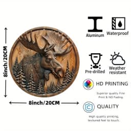 2D Rustic Wreath Circular Wall Decor 1pc - Moose & Pine Trees Wood Carving Design, Waterproof Aluminum Sign for Outdoor Use