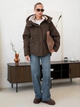Dark Brown Hooded Padded Outerwear Minimalist Drawstring Long Sleeve Loose Coat 2026 Winter New Daily Outdoor Casual Jackets