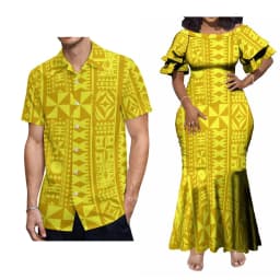 Support Custom Women'S Crew-Neck Dress Midi Party Fishtail Long Dress Polynesian Samoan Couple Suit Matching Men'S Aloha Shirt