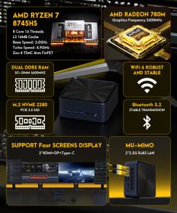 TexHoo Gaming Mini PC AMD Ryzen7 8745HS 7840HS 7735HS Radeon 780M WIFI6 BT5.2 DDR5 2x2.5G LAN R5-6600H Desktop Computer Barebone