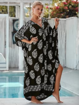 Plus Size Kaftan Dresses for Women Wave Neck Swimsuit Cover Up Caftan Dress Plus Size Oversized Long Beach Dress