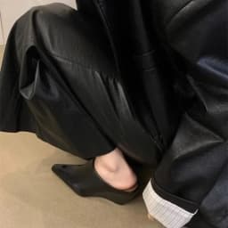Outside Wear Baotou Half Drag Women Pointed Toe Deep Mouth Soft Leather Lazy Wedge Heel High Heel Sandals and Slippers