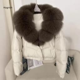 Women's Short Puffer Jacket with Large Faux Fox Fur Collar Thick Warm Down Coat Winter Loose Fit Solid Color Outerwear Fashion