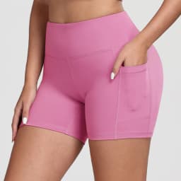 CHRLEISURE Women Solid Yoga Shorts with 3 Pockets High Waist Butt Lifting Workout Tights Gym Elastic Cycling Shorts Activewear