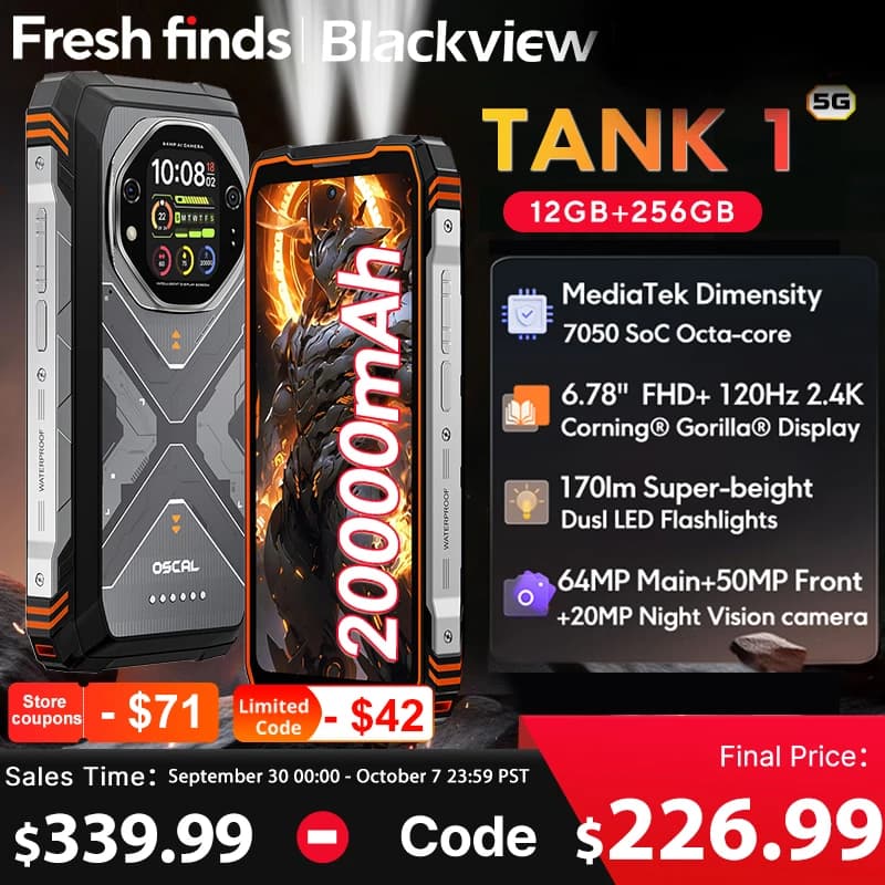 【World premiere】Blackview Oscal TANK 1 Rugged SmartPhone 5G MediaTek Dimensity 7050 6.78" 2.4K 120Hz Display 20000mAh NFC 64MP