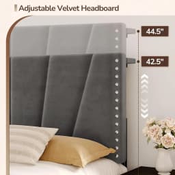 Queen Bed Frame with LED Lights & USB, Noise-Free, Grey | Adjustable Velvet Headboard,Under-Bed Storage,Heavy Duty, Customized