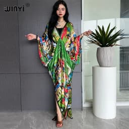 2023 WINYI Sexy Beach High-Quality Silk Feel Fashion Print Maxi Women's Robes Long V-Neck Bohemian Dress Party Evening Dress