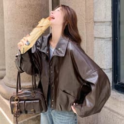 Women Faux Leather Jacket Stand Collar Snap Button Coat Oversized Drop Shoulder Bomber Y2K Retro Streetwear Autumn Outerwear Top