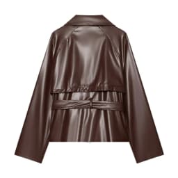 Women's Short Leather Effect Trench Coat, Lapel Double Breasted Windbreaker with Belt, Vintage Faux Leather Jacket