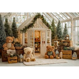 White House With Christmas Tree and Little Bear Photography Backdrop Kids Baby Cake Smash Photocall Studio Backgrounds
