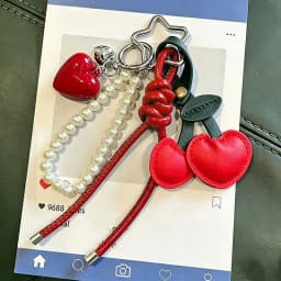 Y2K Leather Rope Red Cherry Keyring Pearl Beads Bag Key Chain Charm Pendant Women Trendy Keychain Decoration
