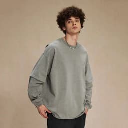 IEFB Spring Trendy Men's Top Fake Two Piece Curled Edge Round Neck Long Sleeve T-shirt Men Tie Dyeing Washed Streetwear 9W124