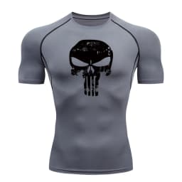 Skull Print Compression Shirts for Men Gym Workout Running Tshirts Sporty Athletic Quick Dry Tees Tops Short Sleeve Rash Guard